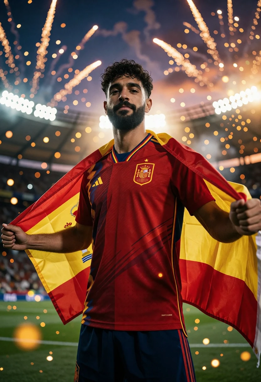 Confident male footballer in spanish jersey against fireworks at night stadium - AI generated image prompt sample
