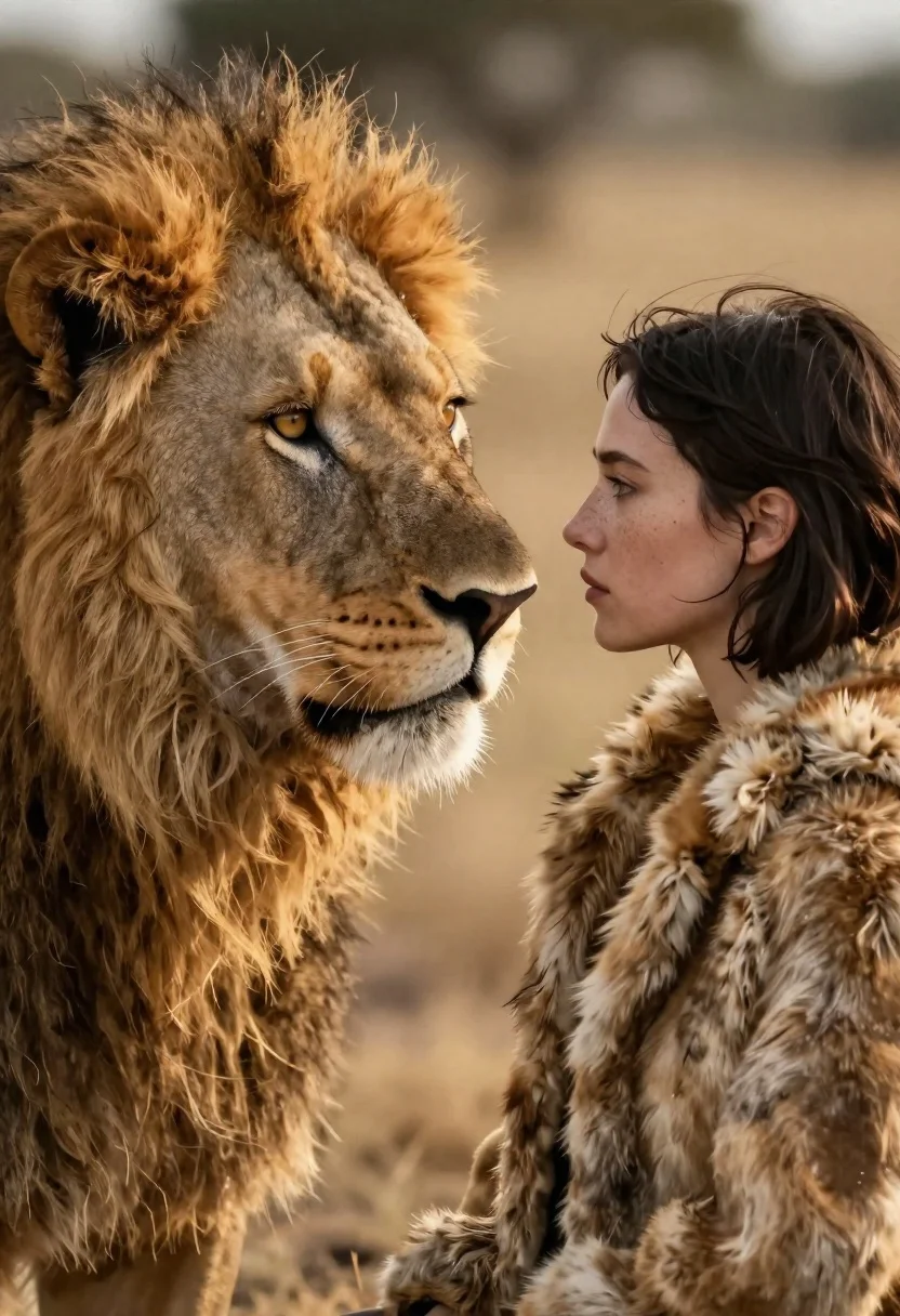 Cinematic close up of lion and woman profiles touching noses on savannah - AI generated image prompt sample