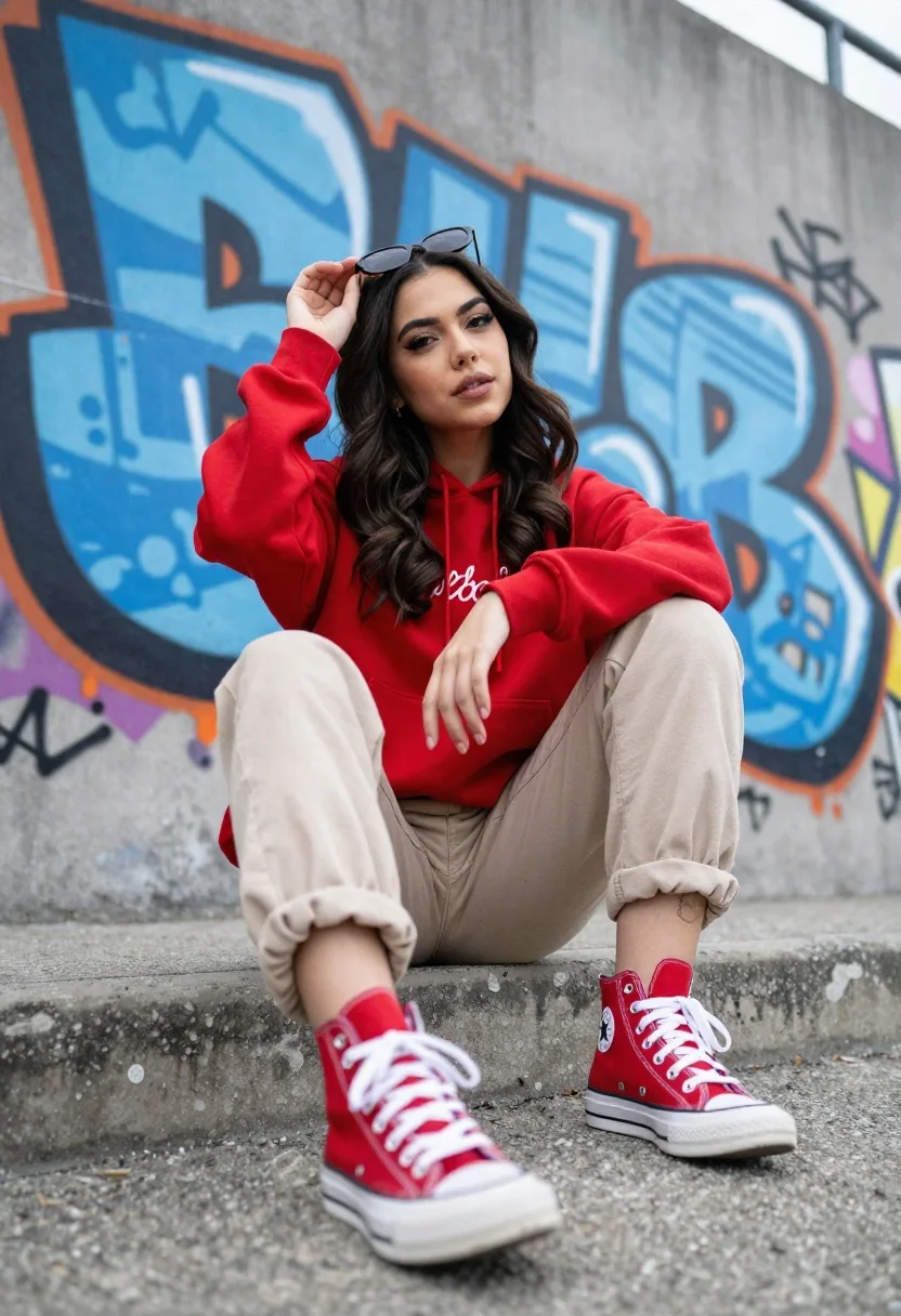 Young woman in red hoodie sitting on steps before graffiti mural - AI generated image prompt sample