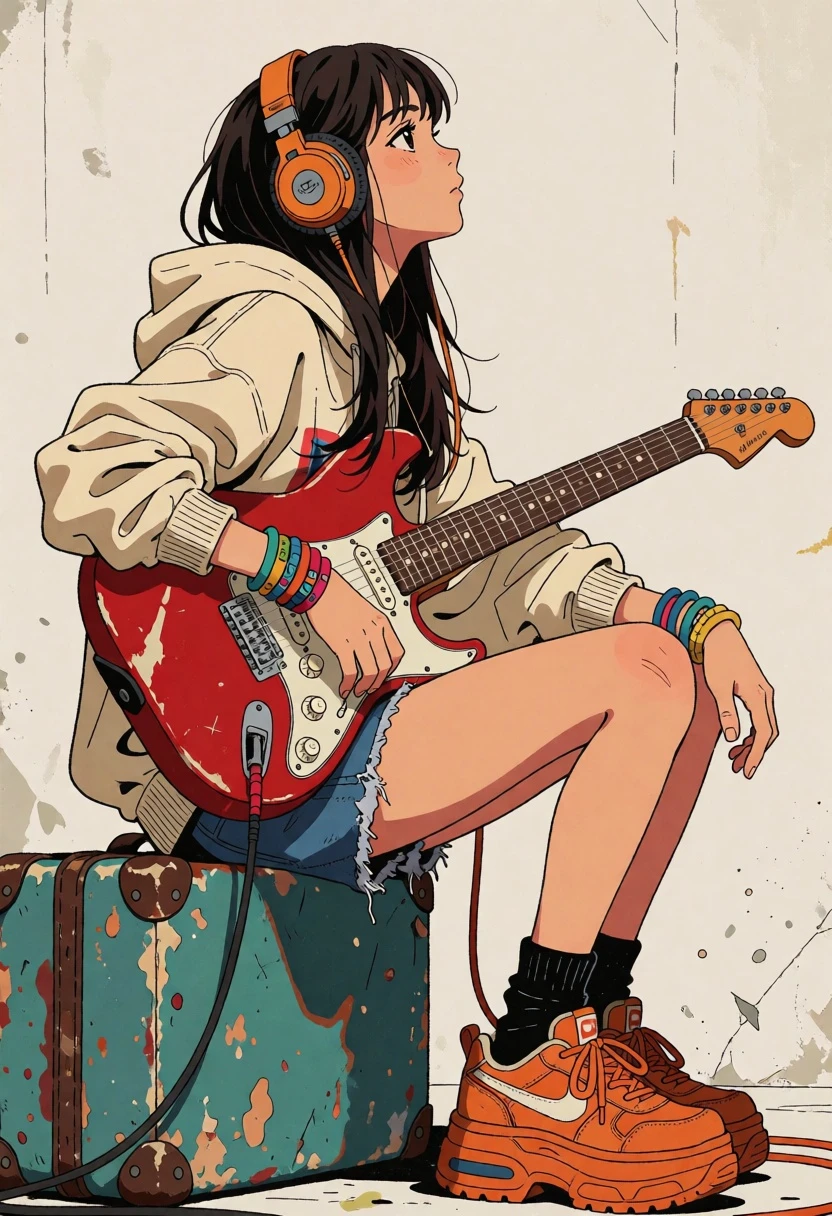 Anime style profile portrait of woman with guitar on weathered suitcase - AI generated image prompt sample