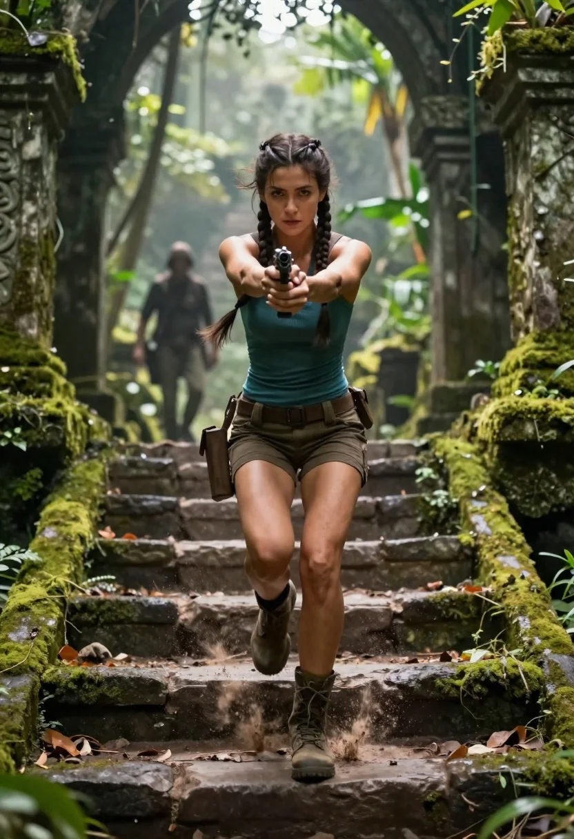 Determined woman running down mossy jungle ruin steps with pistols - AI generated image prompt sample