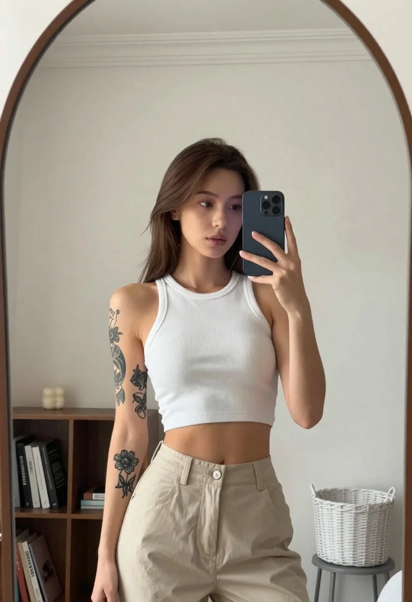 Young woman with brown hair taking mirror selfie in white crop top - AI generated image prompt sample
