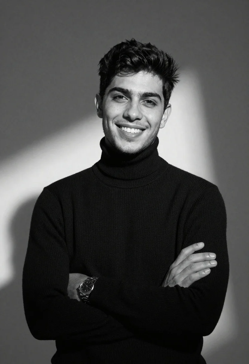 Black and white portrait of young man in turtleneck sweater
