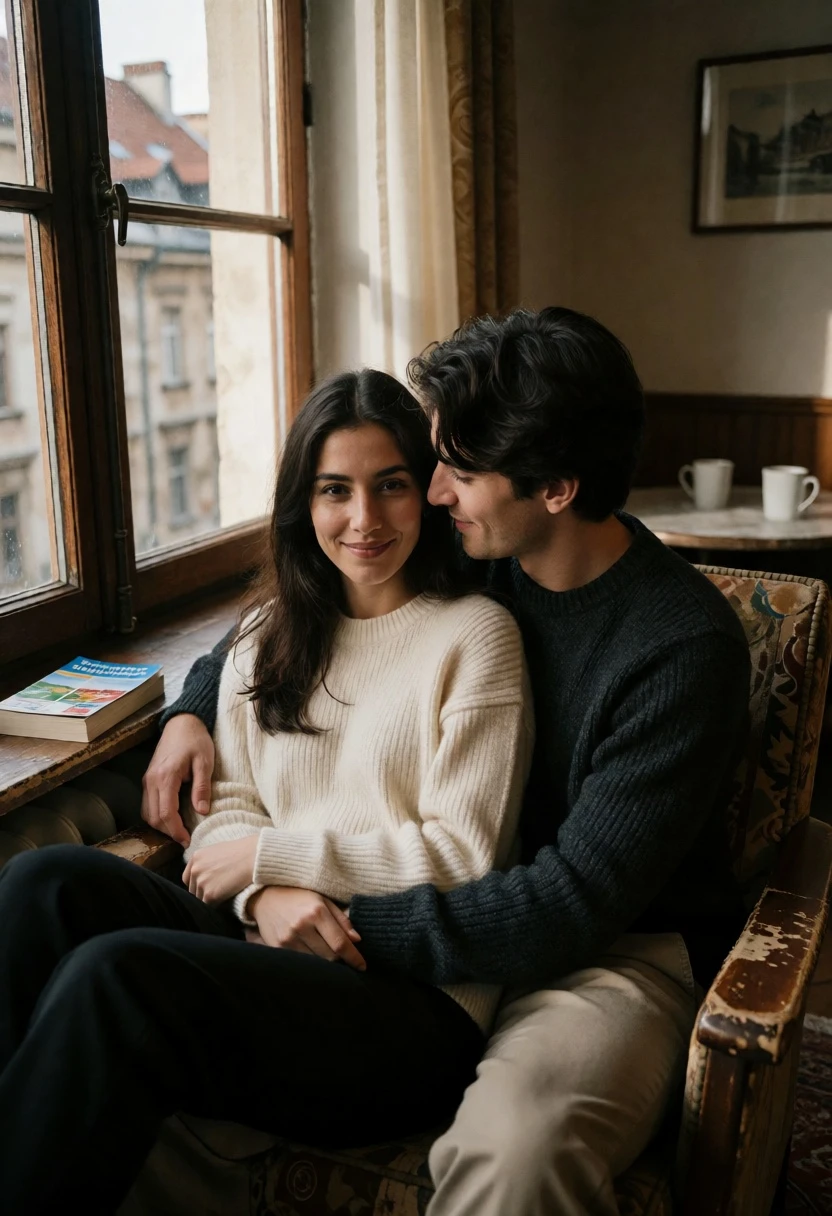Couple sitting closely on worn armchair by window overlooking european buildings - AI generated image prompt sample