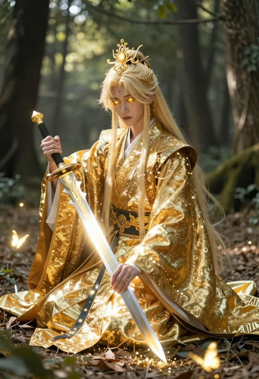 Anime warrior in sunlit forest clearing with glowing sword