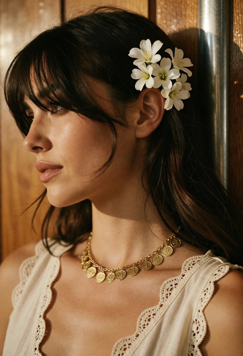 Closeup profile portrait of woman with dark hair and white flowers - AI generated image prompt sample