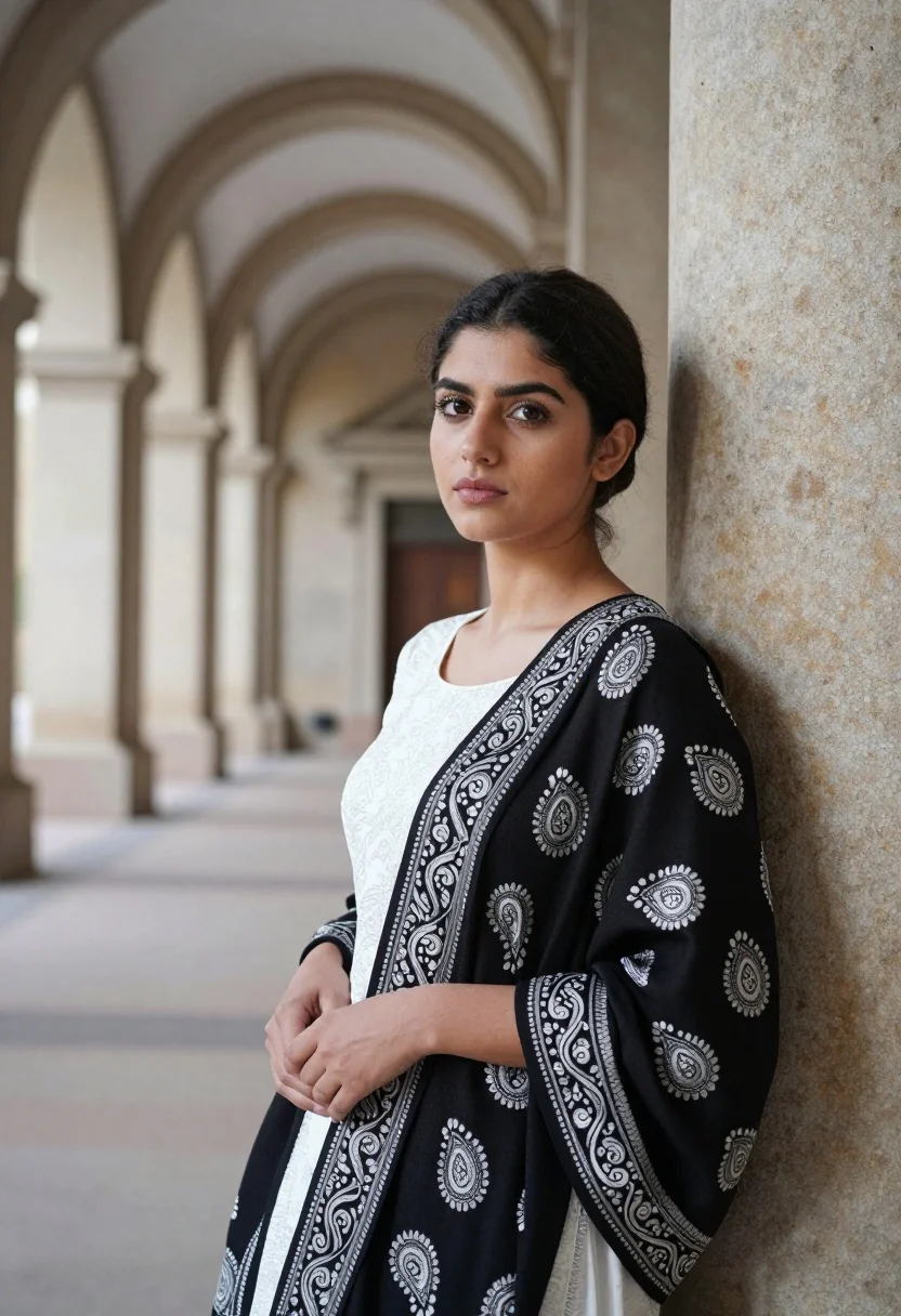Young woman in black shawl leaning against stone column in arched corridor - AI generated image prompt sample