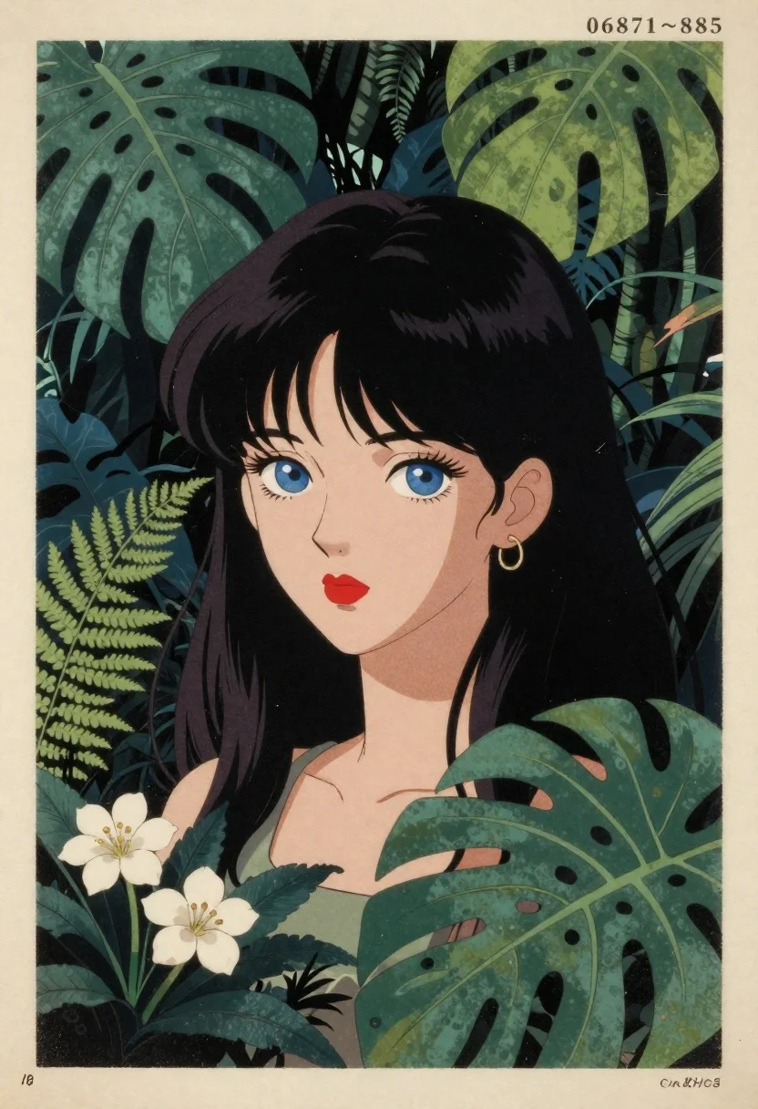 Portrait of woman in jungle foliage vintage illustration