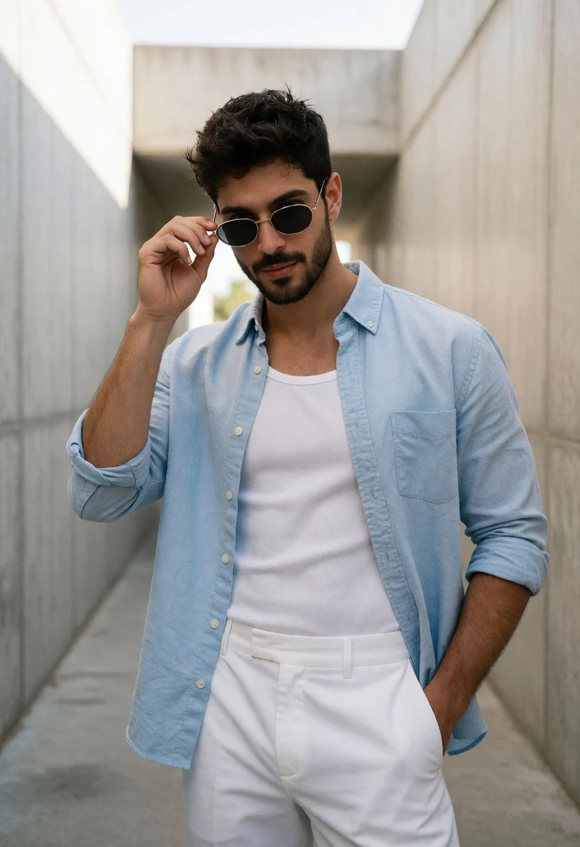 Stylish man adjusting sunglasses in a minimalist concrete corridor walkway - AI generated image prompt sample