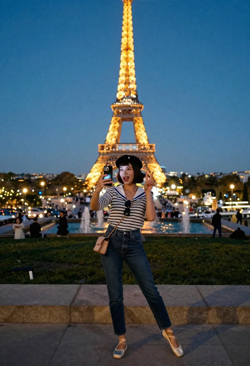 Stylish woman taking selfie with eiffel tower at trocadero esplanade
