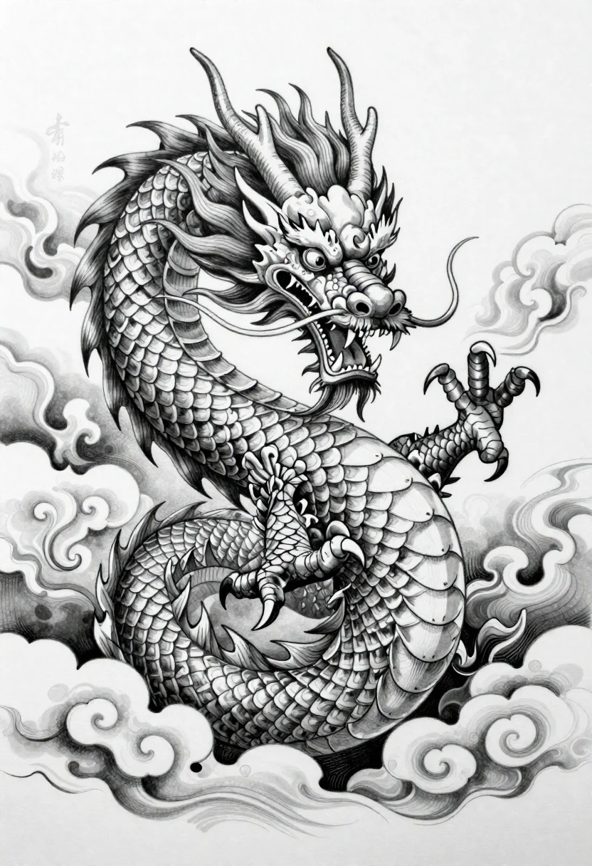Black and white illustration of a coiled chinese dragon