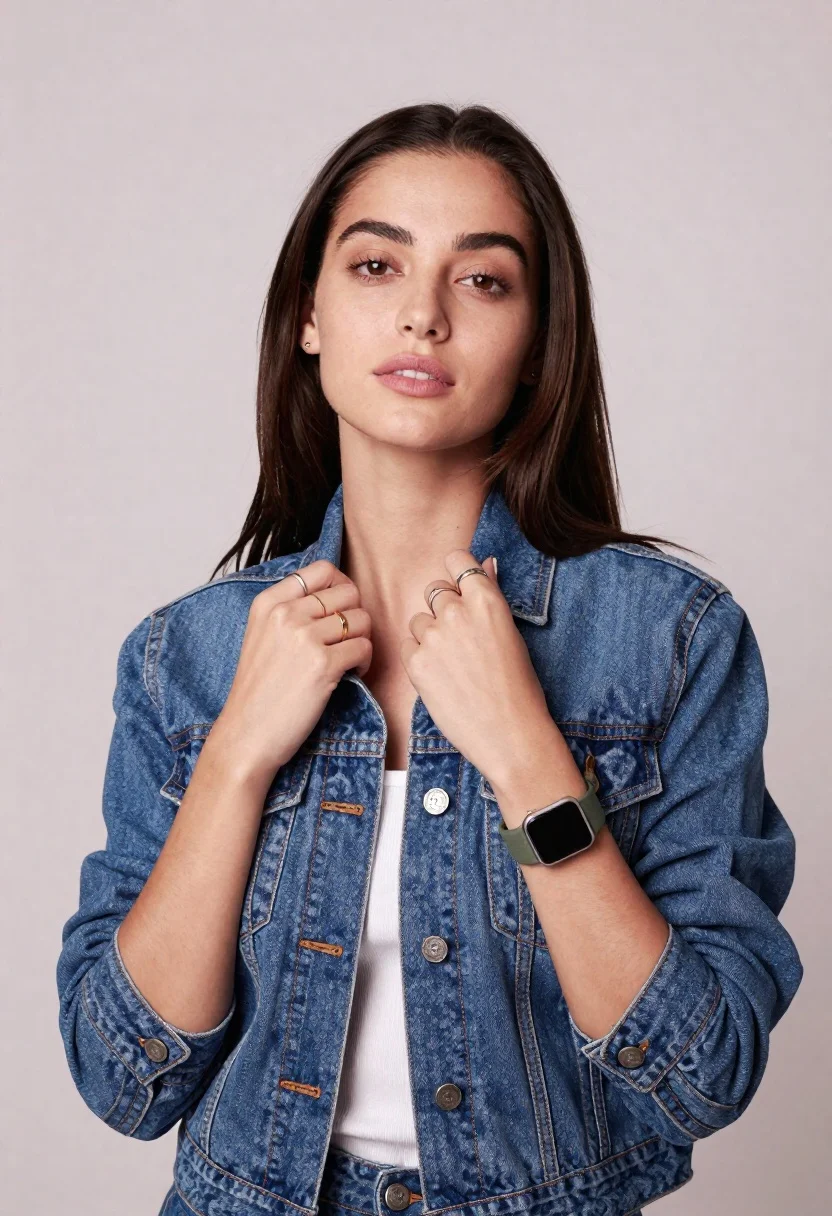 Young woman in blue denim jacket posing against pale pink seamless background