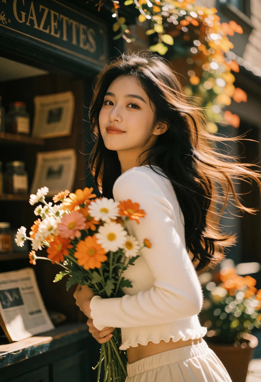 Young woman with dark hair holding flowers in front of old shopfront - AI generated image prompt sample