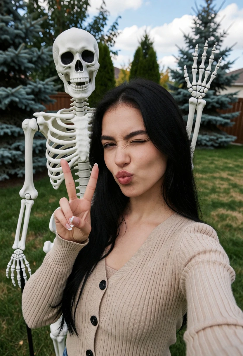 Young woman taking a selfie near skeleton prop on green lawn - AI generated image prompt sample