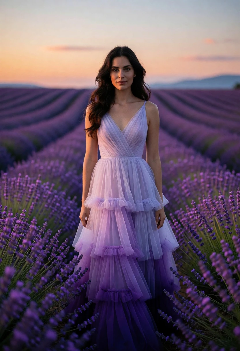 Woman in lilac and violet gown standing in vast lavender field at - AI generated image prompt sample