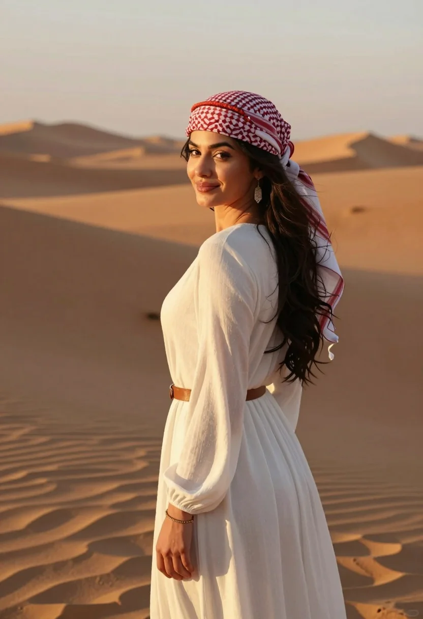 Young woman in white dress looking back over shoulder in desert at - AI generated image prompt sample