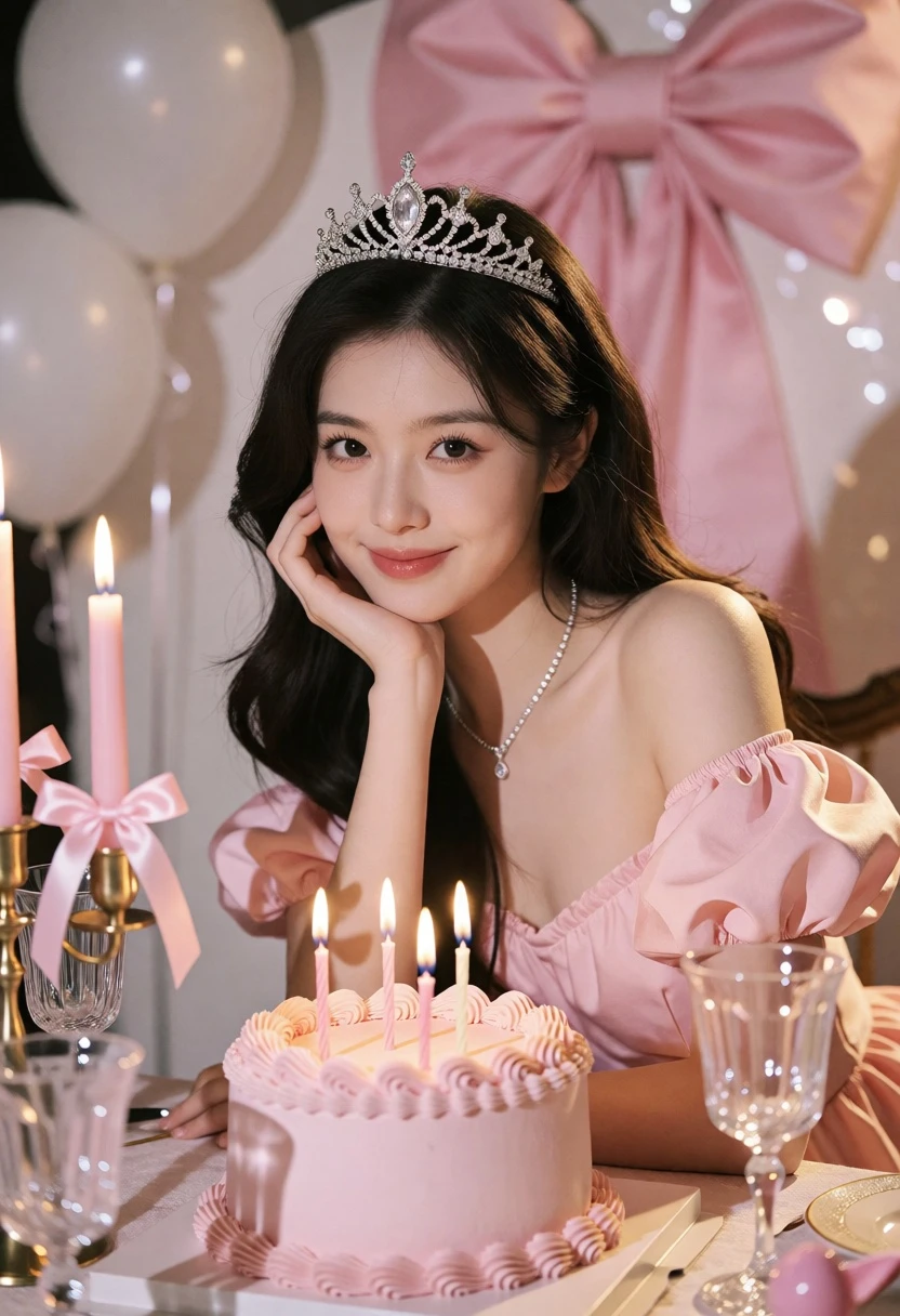 Young woman in pink dress with tiara at decorated birthday celebration table - AI generated image prompt sample
