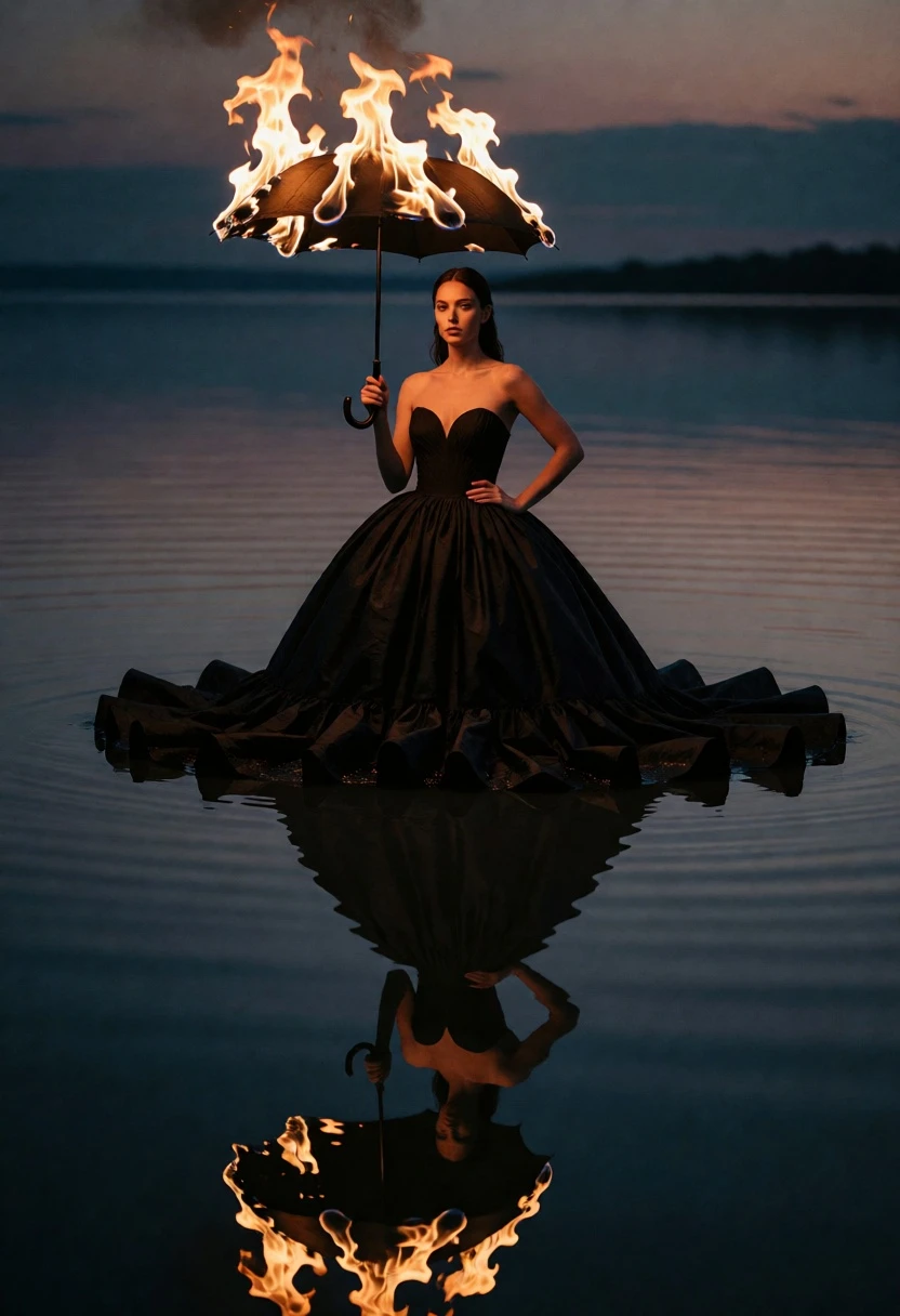 Woman in black gown standing waist deep in water with burning umbrella - AI generated image prompt sample