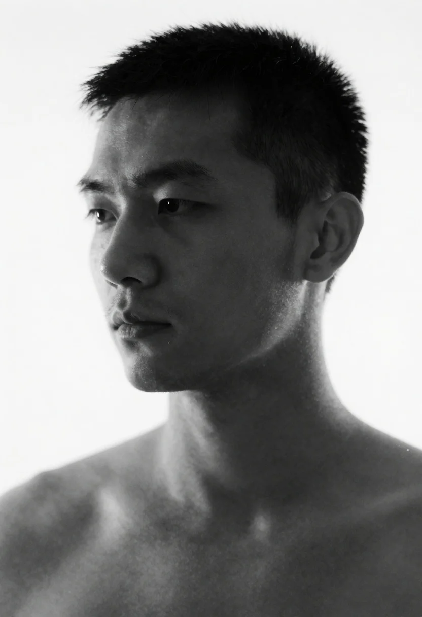 Monochrome portrait of a man against a stark white background