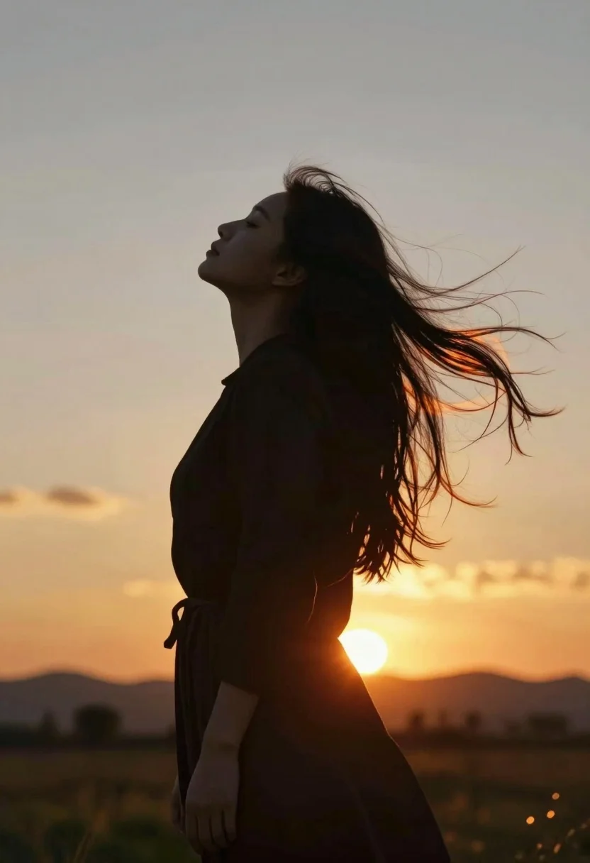 Profile view of woman looking up at the setting sun in open - AI generated image prompt sample