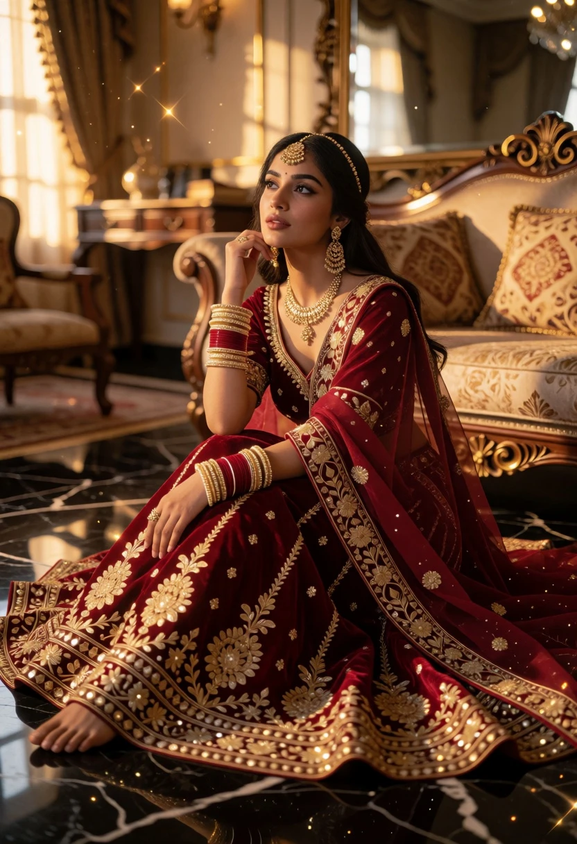 Young woman in red velvet lehenga on polished marble floor - AI generated image prompt sample