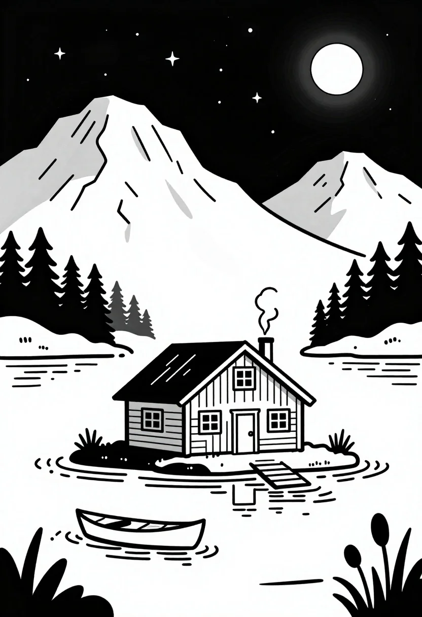 Black and white line drawing of cabin by mountains - AI generated image prompt sample