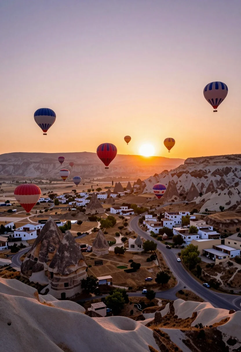 Aerial view of valley filled with hot air balloons at sunrise over - AI generated image prompt sample