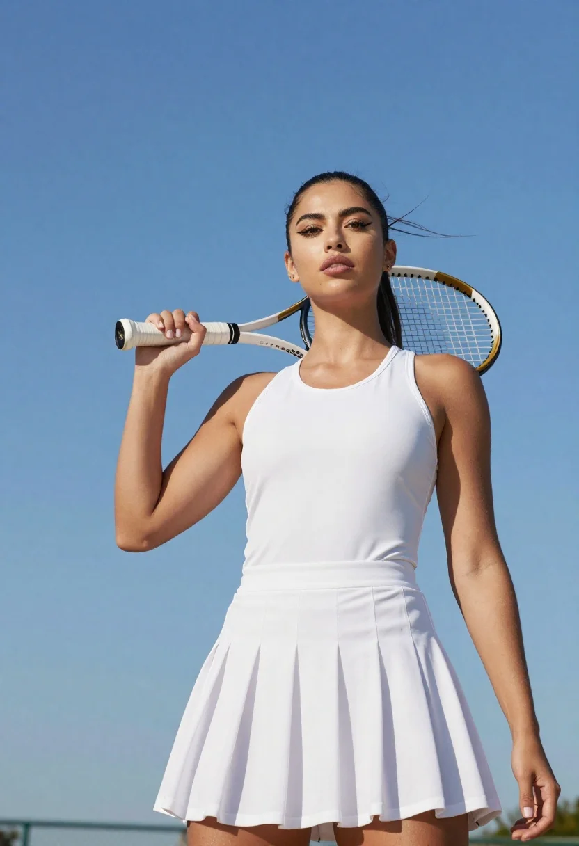 Woman in white athletic dress holding tennis racket against blue sky - AI generated image prompt sample