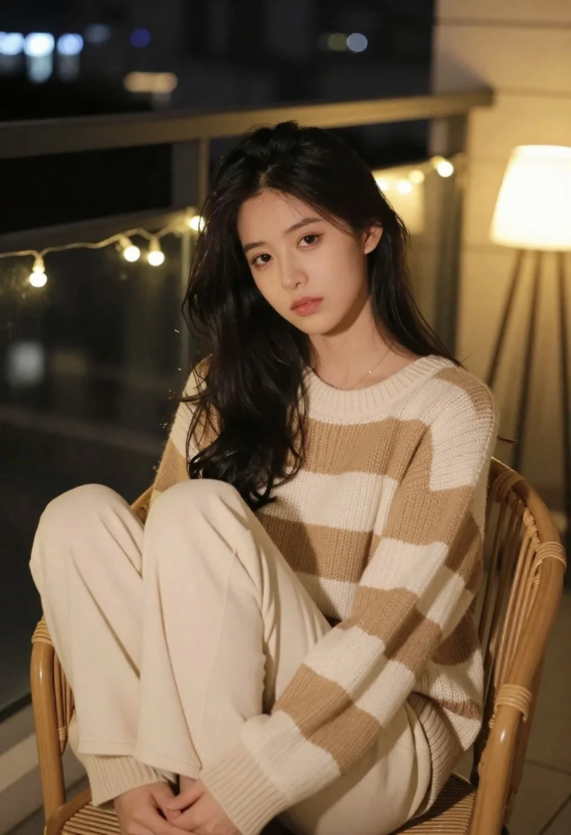 Young woman in knit sweater sitting on balcony at night - AI generated image prompt sample