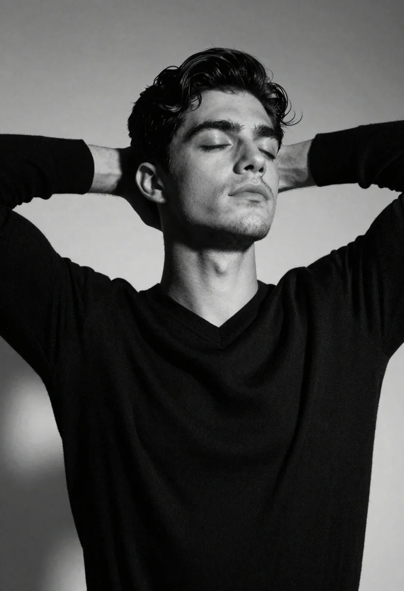 Black and white portrait of young man with raised arms