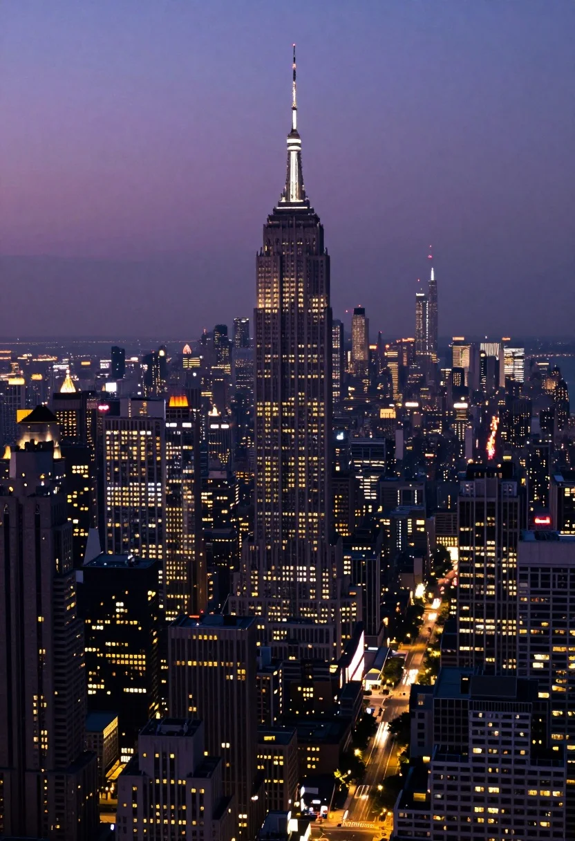 Aerial view of dense metropolis skyline at twilight featuring towering skyscraper spires - AI generated image prompt sample