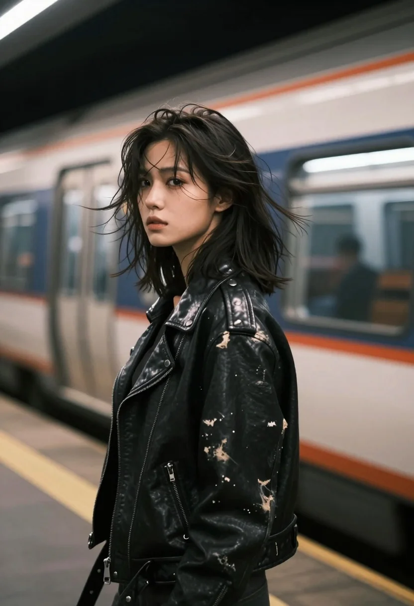 Young woman in leather jacket on train platform at night with moving - AI generated image prompt sample