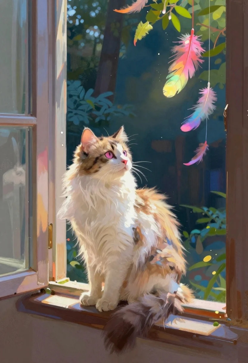 Fluffy calico cat on windowsill overlooking dark forest