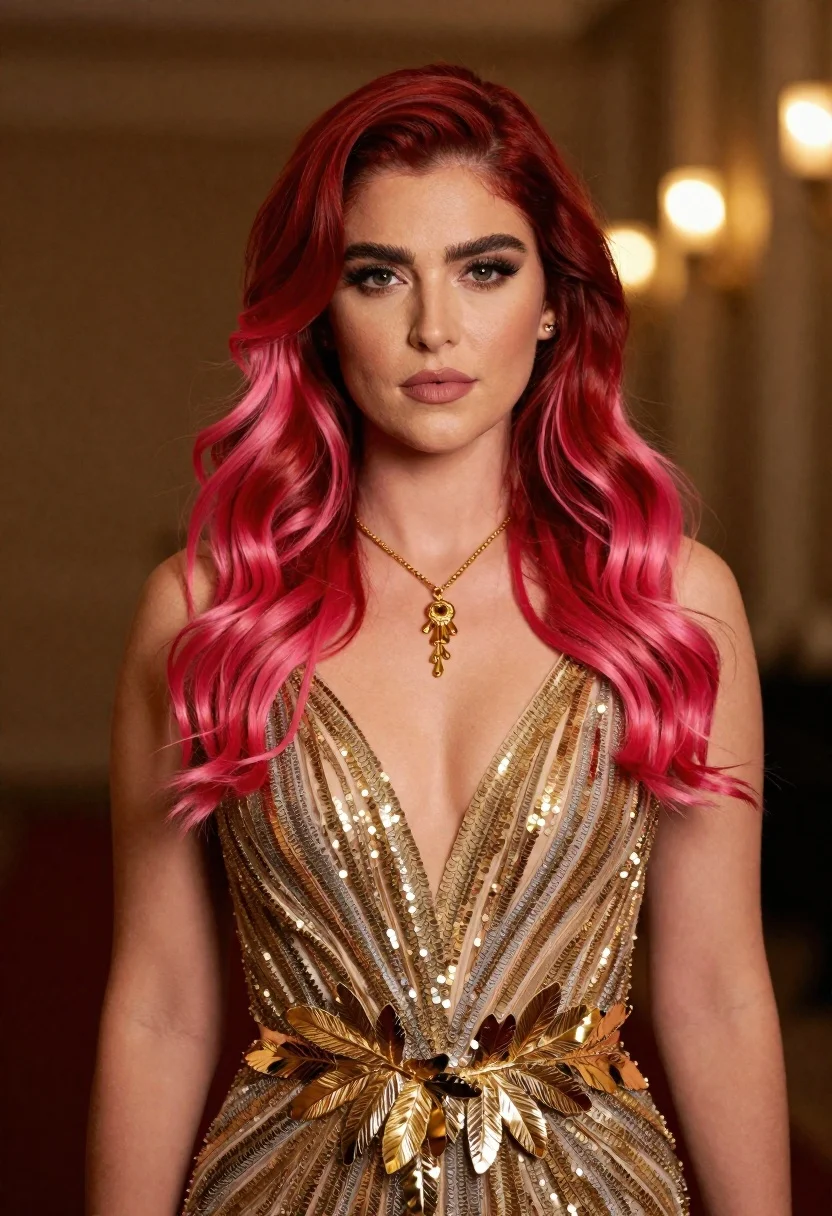 Woman with red hair wearing golden sequin dress portrait - AI generated image prompt sample