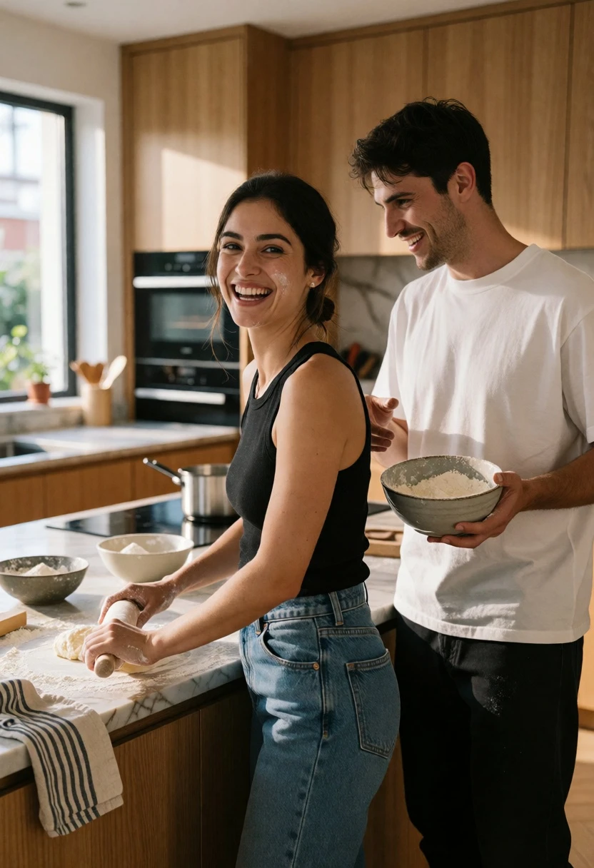 Joyful couple baking dough in modern kitchen with natural daylight - AI generated image prompt sample