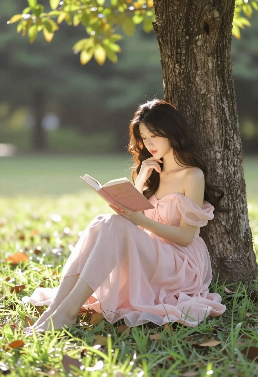 Young woman in pink gown reading book against tree in park - AI generated image prompt sample