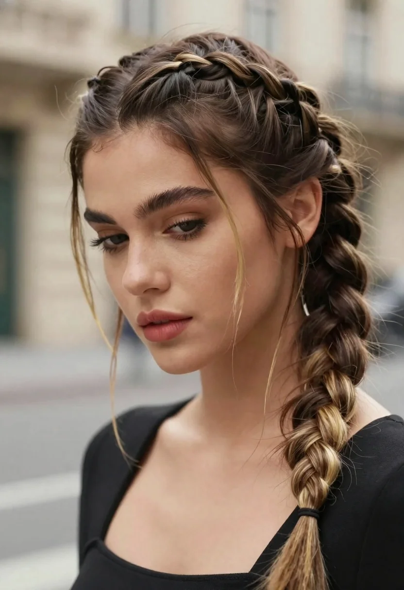 Portrait of young woman with braided brown hair and blonde highlights - AI generated image prompt sample