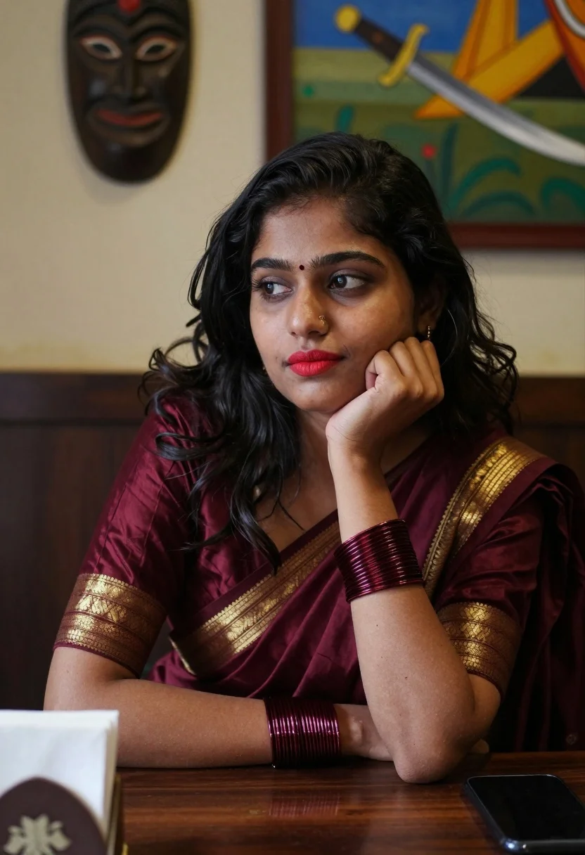Young woman in maroon saree seated at wooden table in dimly lit - AI generated image prompt sample