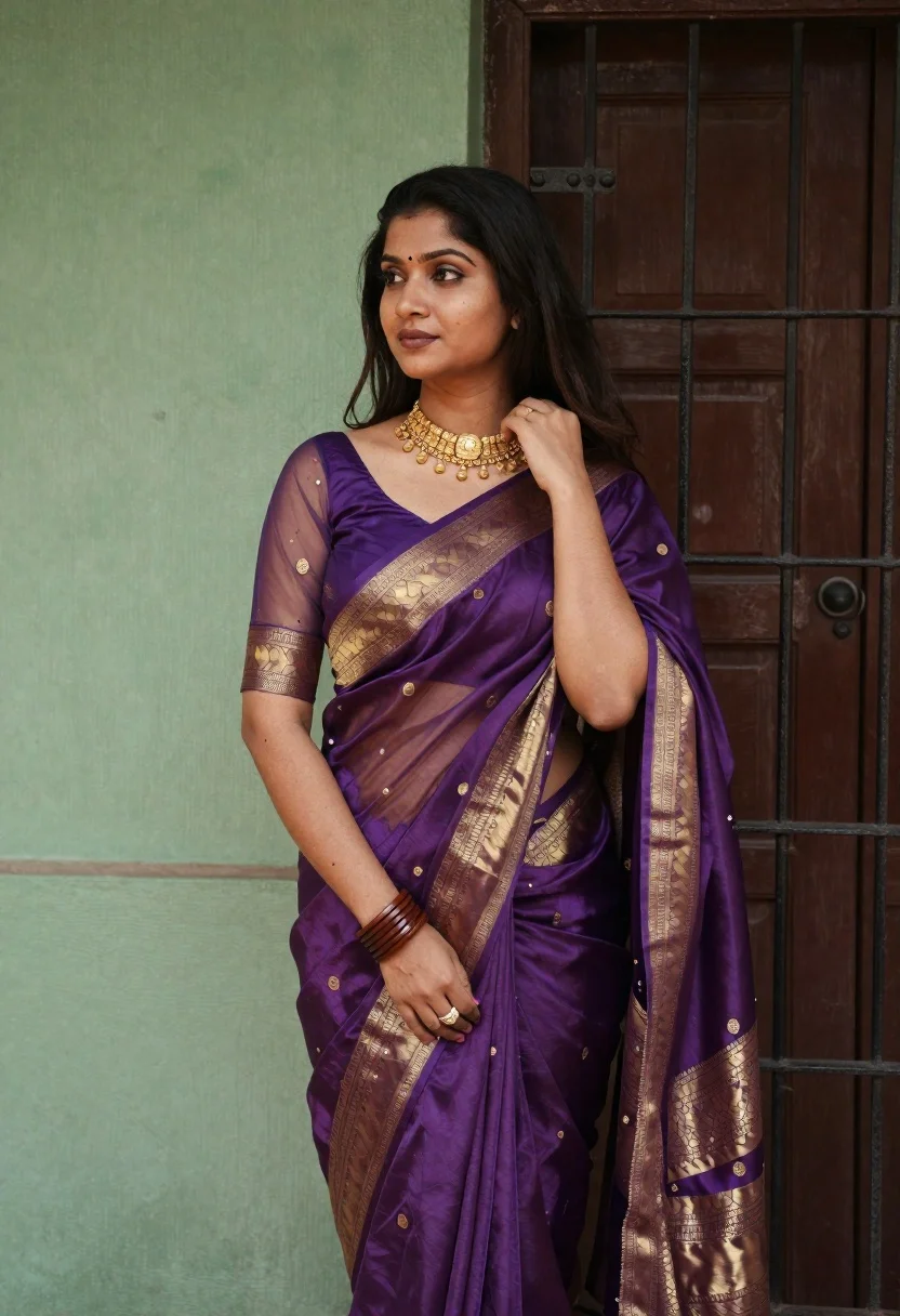 Woman in ornate purple and gold silk saree against green wall