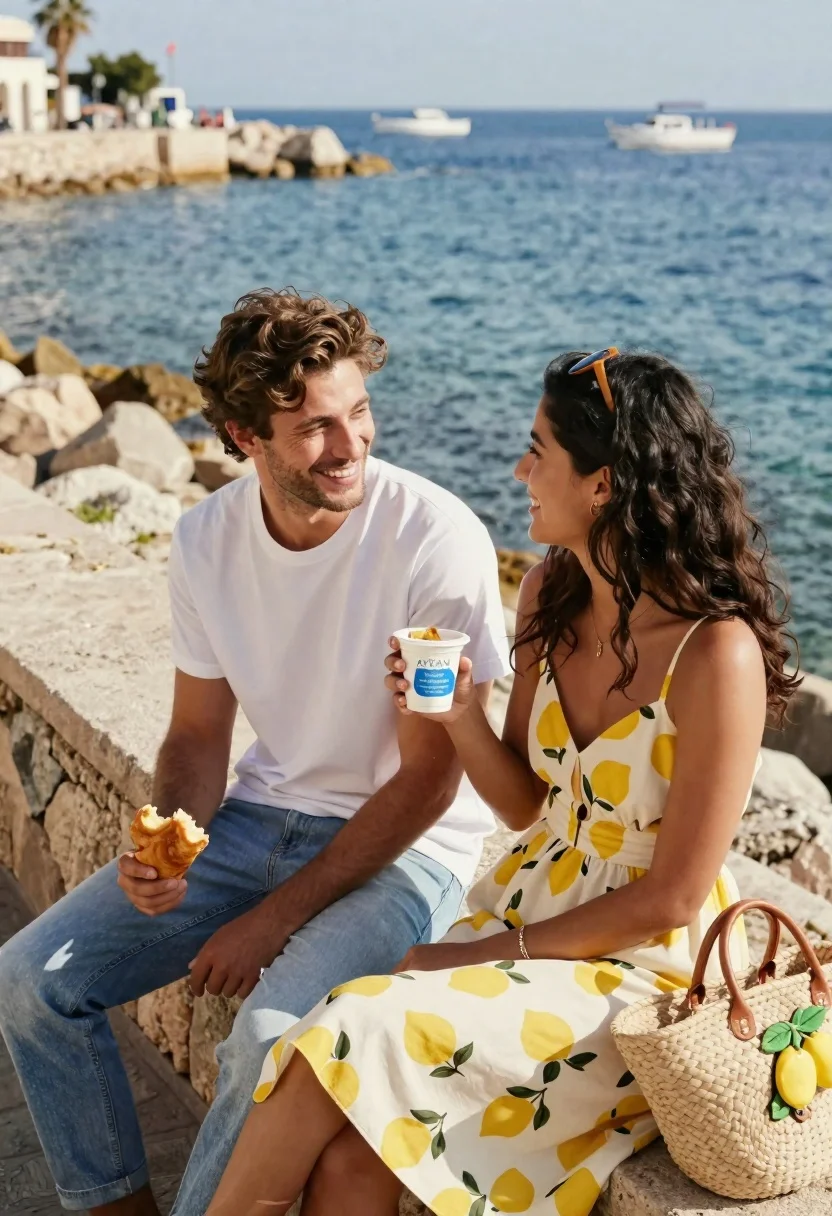 Happy couple sitting on stone ledge by seaside enjoying snacks - AI generated image prompt sample