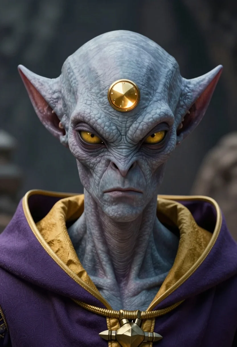 Close up portrait of menacing alien figure with blue skin and golden - AI generated image prompt sample