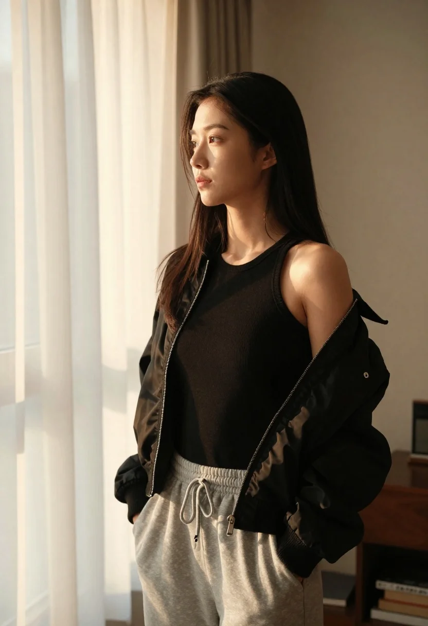 Young woman in black jacket and sweatpants standing by window light - AI generated image prompt sample