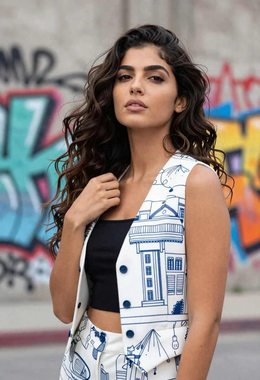 Confident young woman in white vest against blurred urban background