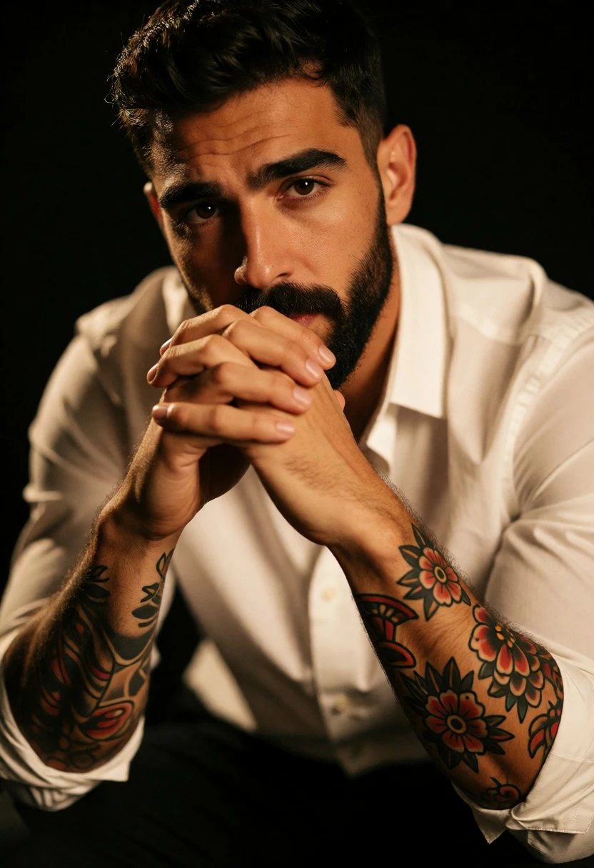 Medium close up portrait of man with beard against black background - AI generated image prompt sample