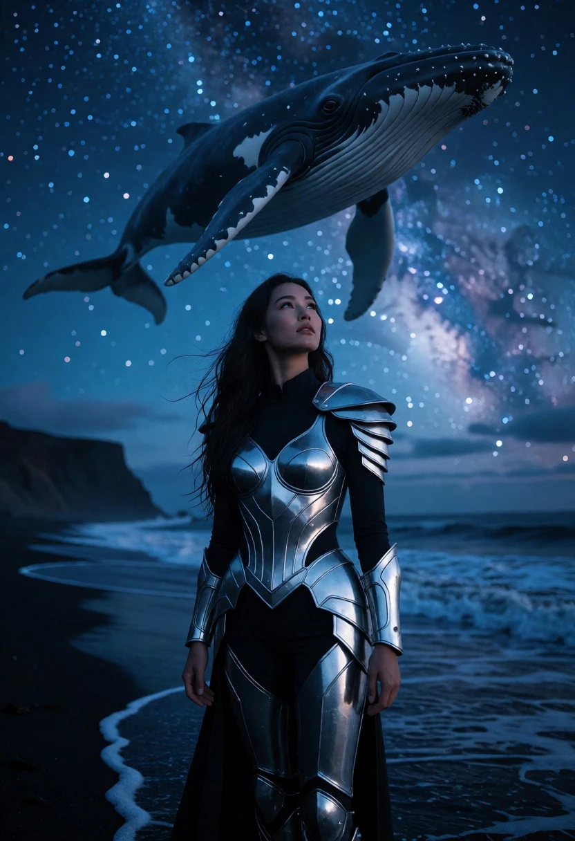 Woman in silver futuristic armor on dark beach beneath massive floating whale - AI generated image prompt sample