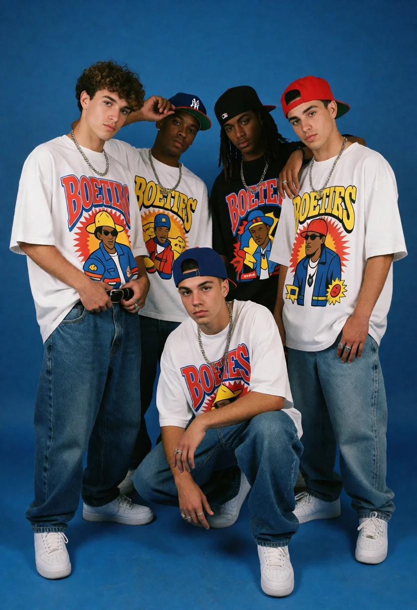 Five young men in streetwear posing together against a solid blue studio - AI generated image prompt sample