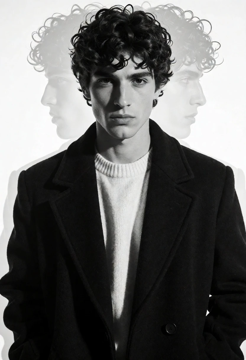 Black and white portrait of young man in wool coat against stark - AI generated image prompt sample