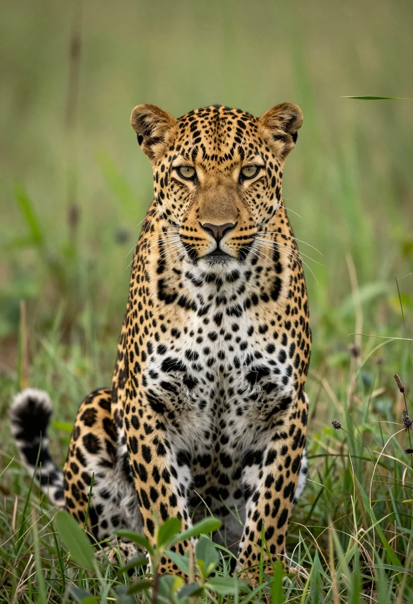 Majestic leopard sitting alert in lush green savanna grassland close up - AI generated image prompt sample