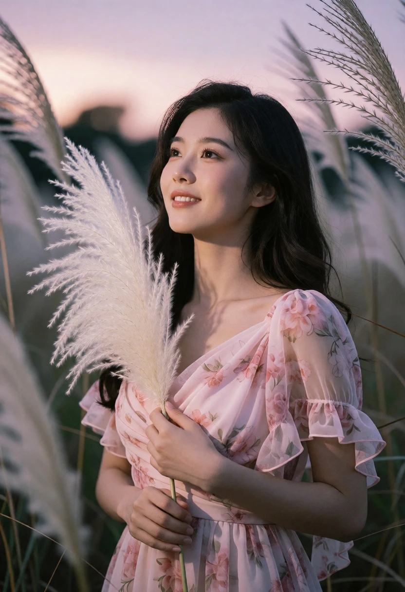 Young woman in pink floral dress among pampas grass at twilight - AI generated image prompt sample