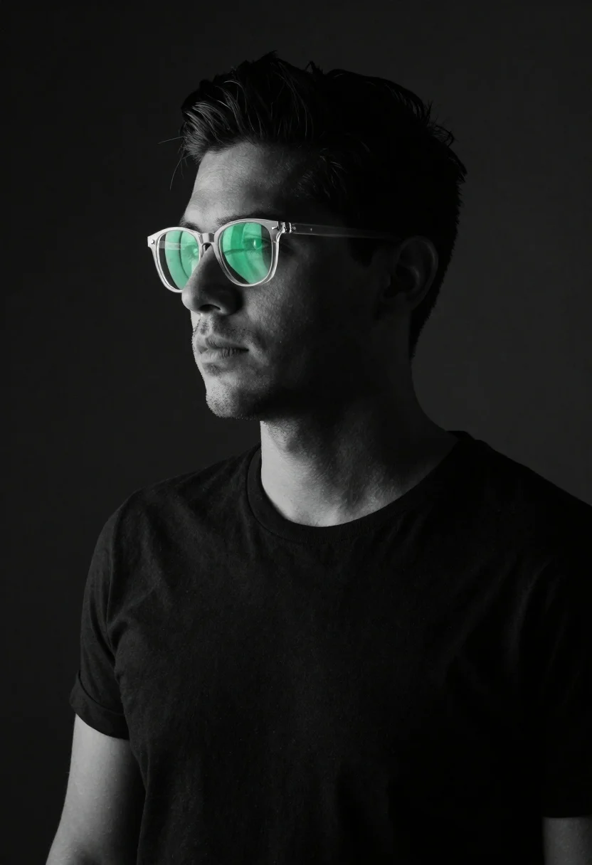 Black and white portrait of stylish man with green glasses - AI generated image prompt sample